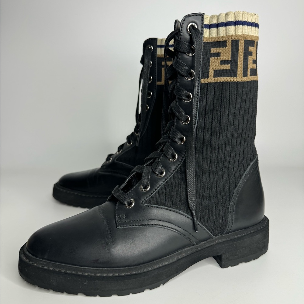FENDI Rockoko Leather & Knit Combat Boots SZ 38